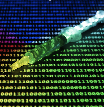 An image of a hypodermic needle sitting atop a spread of neon-bright ones and zeros.