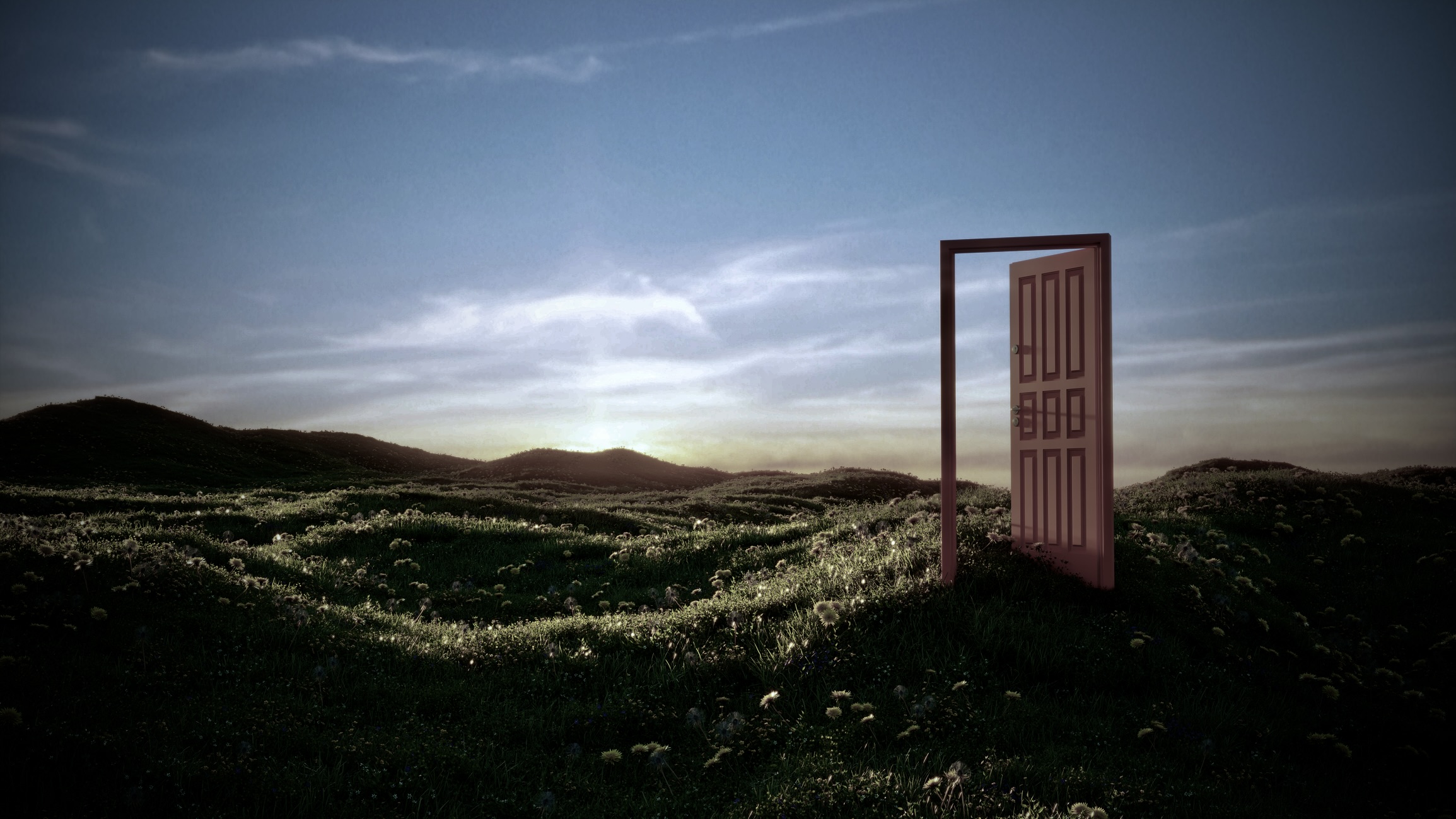 A photo of a lone open doorway standing in the middle of rolling hills.